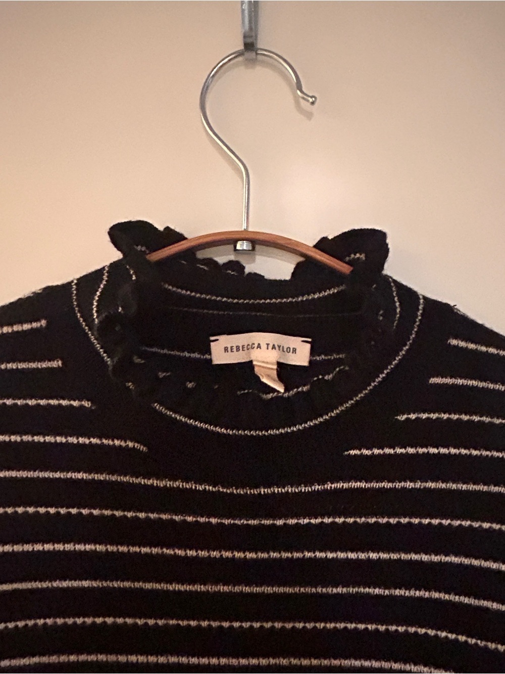 Rebecca Taylor Black and White Striped Ruffle Turtleneck Sweater